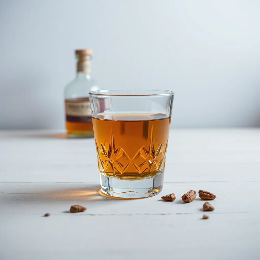Golden blended Scotch whisky in a glass with warm lighting and a bottle softly blurred in the background