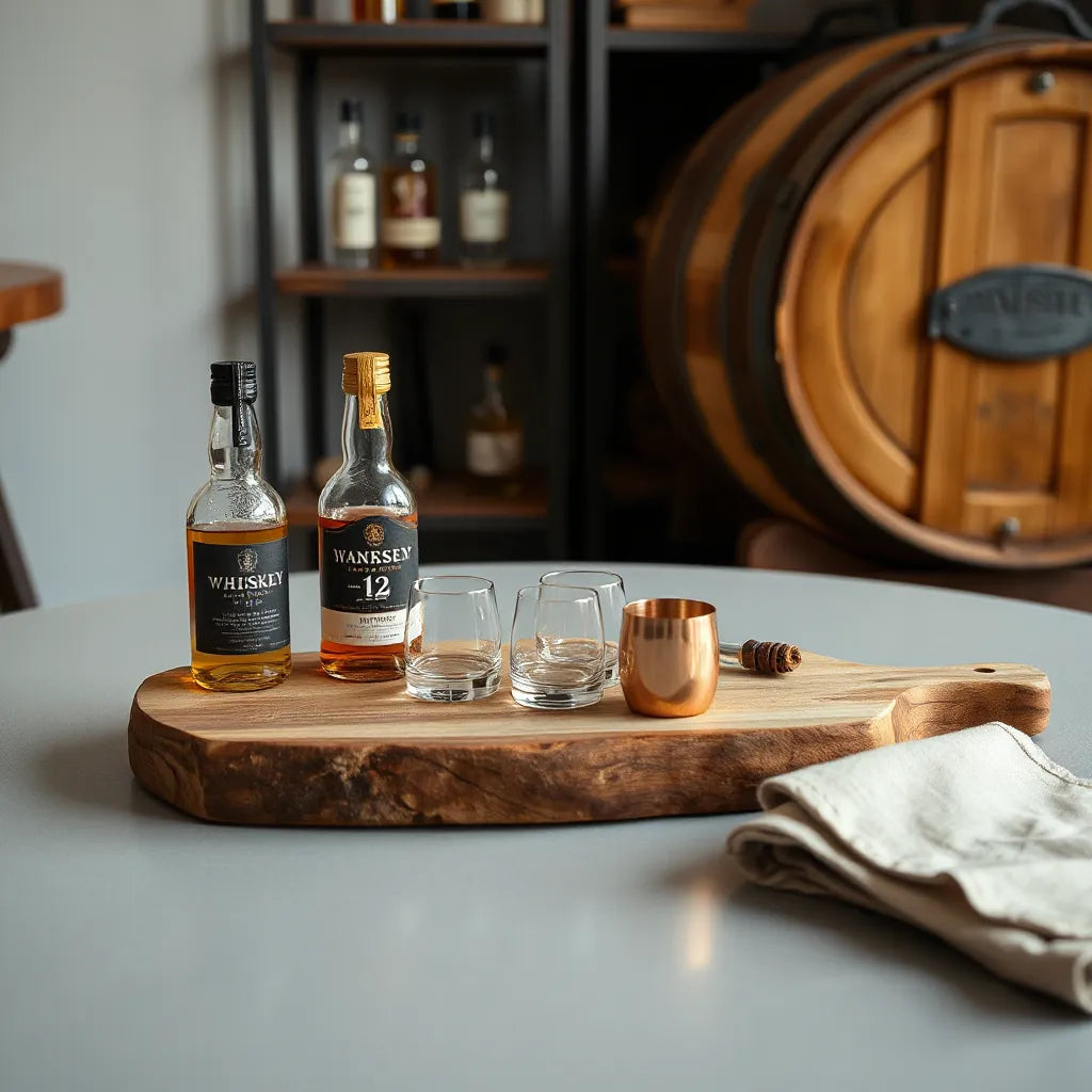 Wooden board with mini whisky bottles and three small tasting glasses in warm light