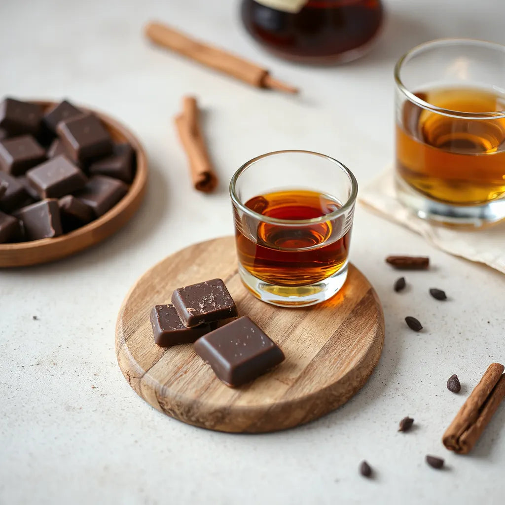 Squares of dark chocolate alongside a small tumbler of amber whisky on a wooden tasting board