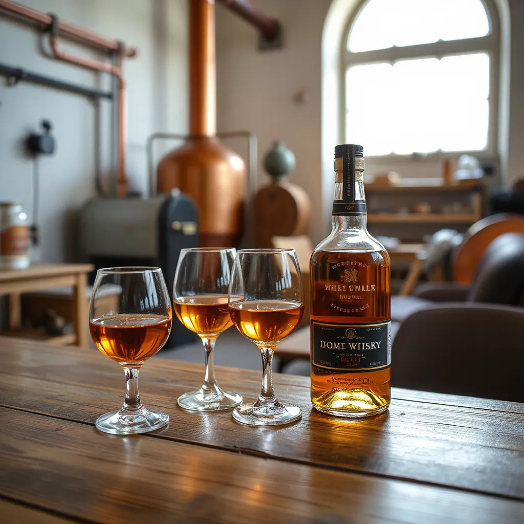Amber whisky in tulip glasses on a wooden table with copper stills blurred in the background