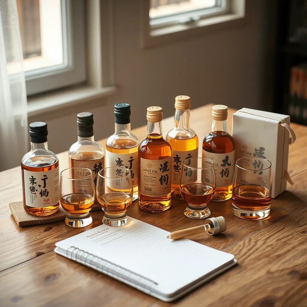 Japanese whisky tasting set with small bottles, tasting glasses, and a notebook on a wooden table