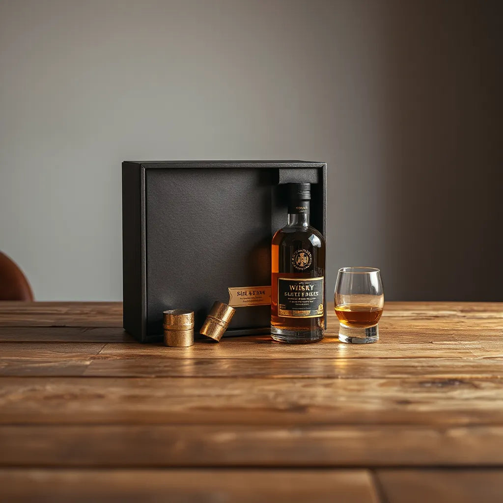 Blended malt whisky gift set with box, whisky bottle and two glasses on a wooden table