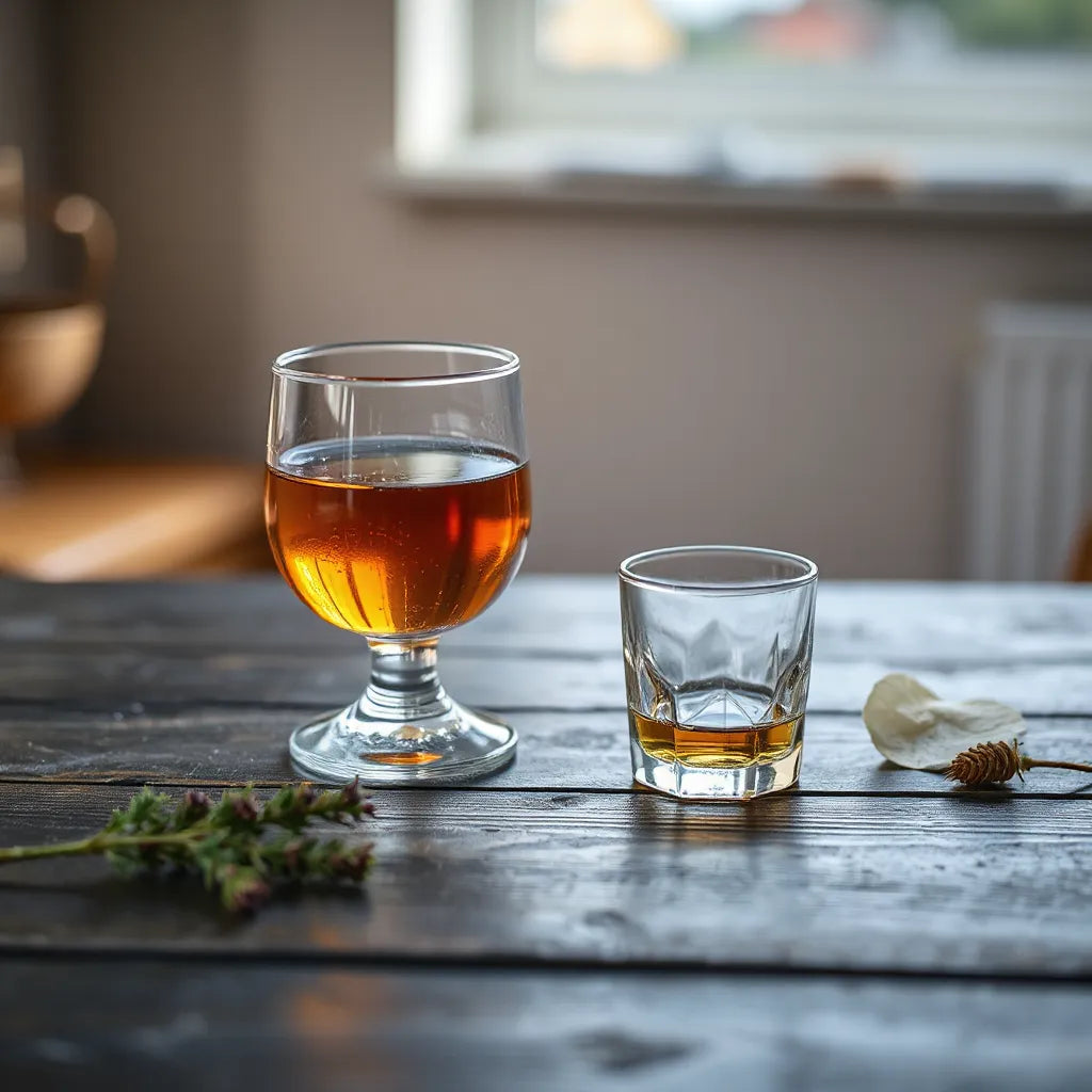 Amber Islay single malt whisky in a glass with heather on a dark wooden table