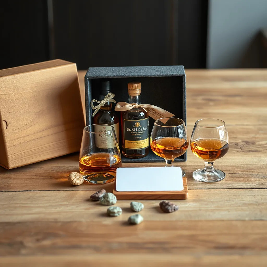 Neatly arranged whisky tasting gift set with small bottles and two tulip glasses of amber whisky
