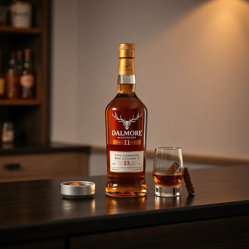 Elegant whisky bottle and a dram glass with amber liquid on a dark oak bar, warm lighting