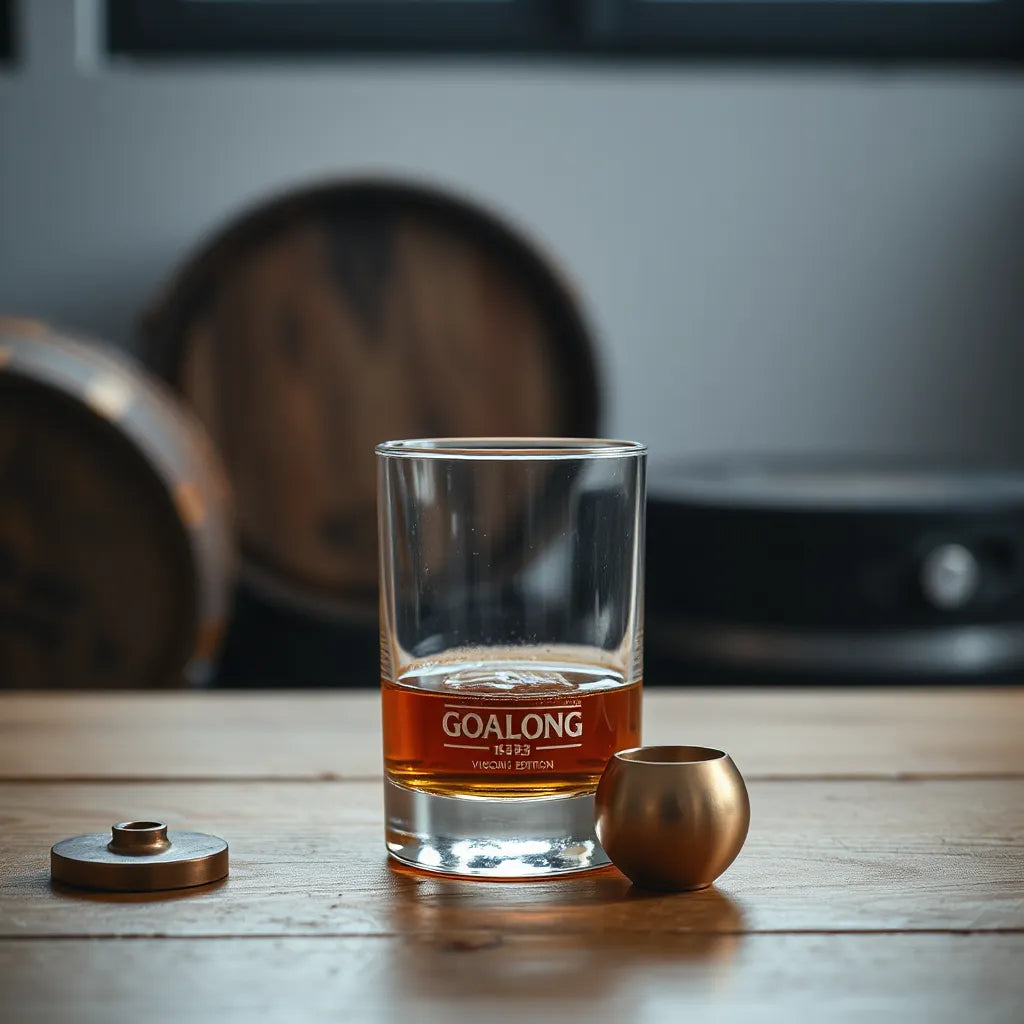 Amber whisky in a glass with warm lighting on a wooden table, with subtle oak cask background
