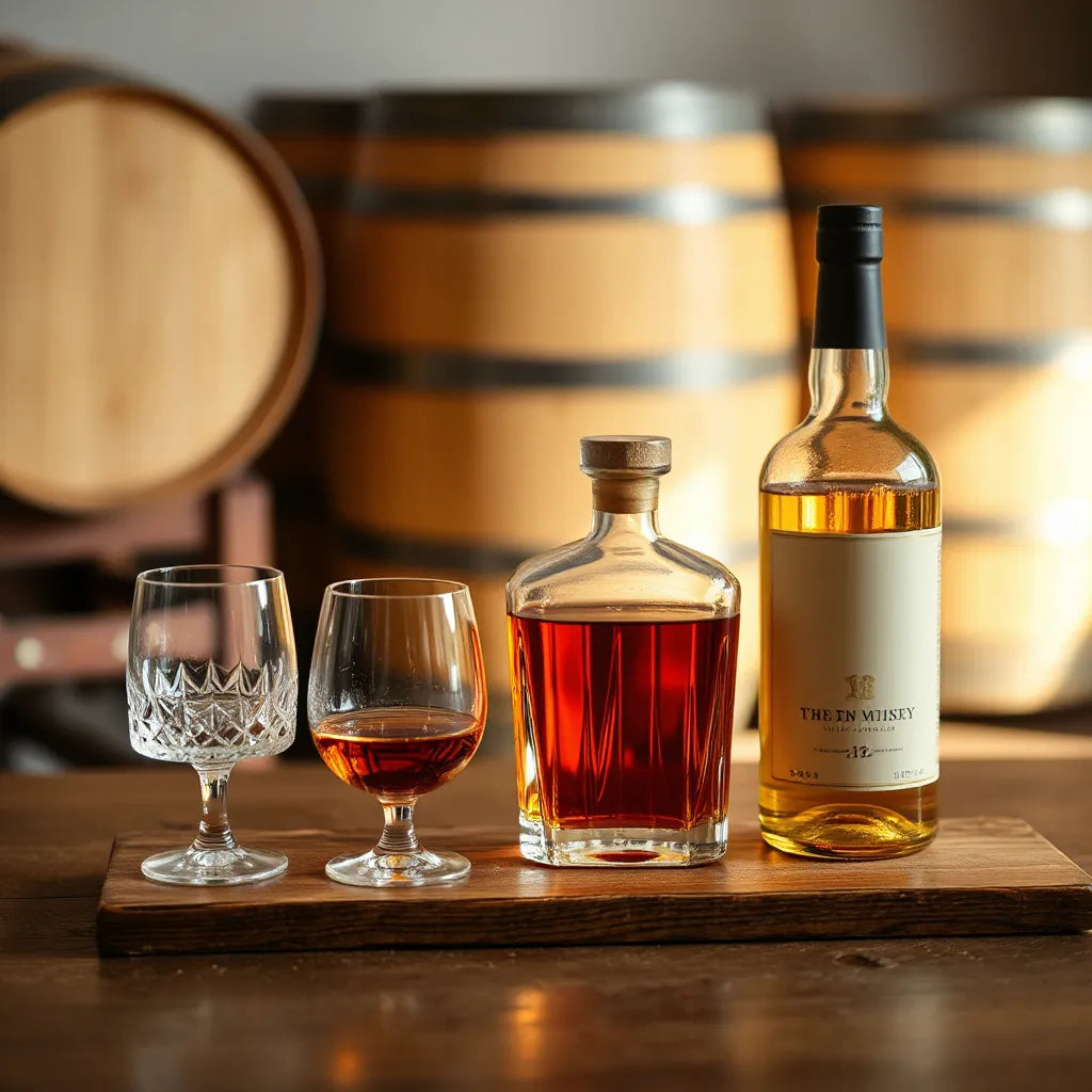 Amber whisky in a crystal glass with an elegant bottle on a wooden tasting table