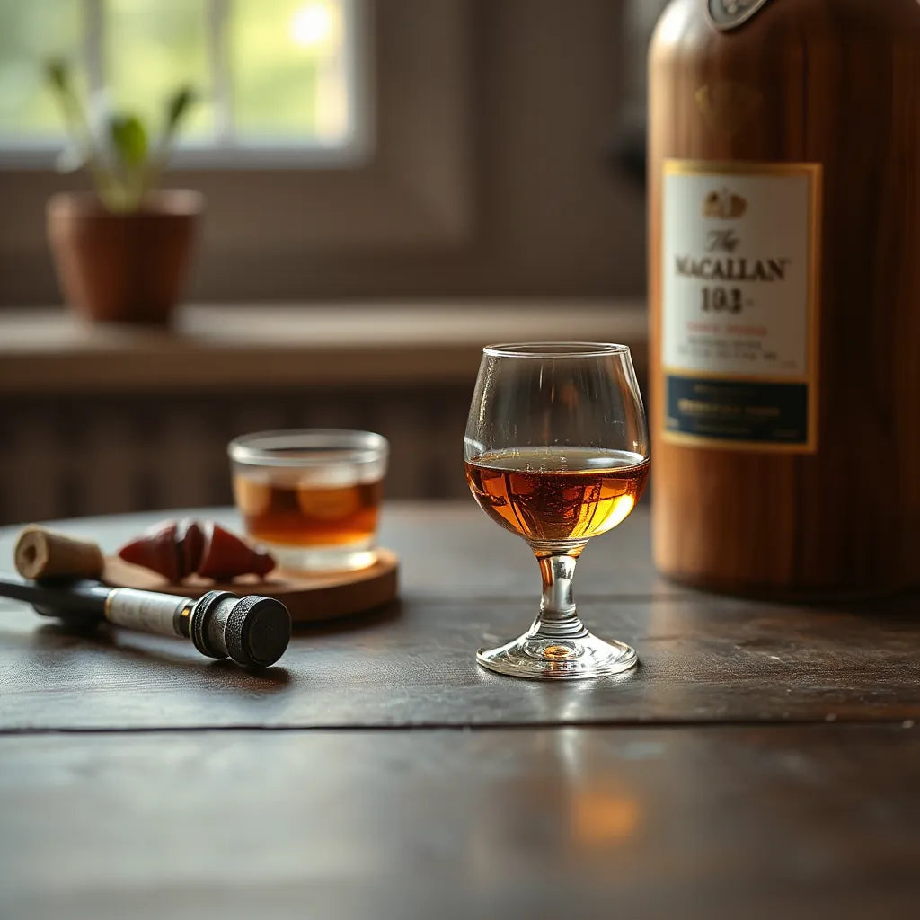 Amber whisky in a glass with warm light on a dark oak table, beside a wooden cask