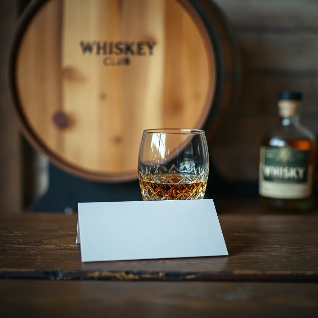 Amber whisky in a crystal glass beside a blank membership card on a dark oak bar