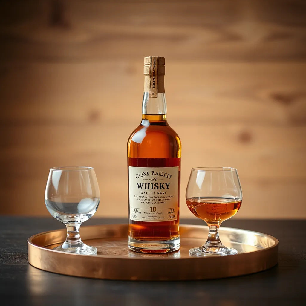 Dalmore-style whisky bottle and Glencairn glasses on a dark oak bar with warm studio lighting