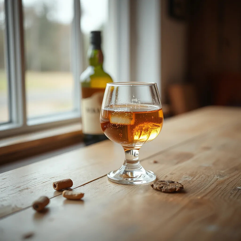 Golden Highland single malt in a dram glass with a softly blurred whisky bottle in the background