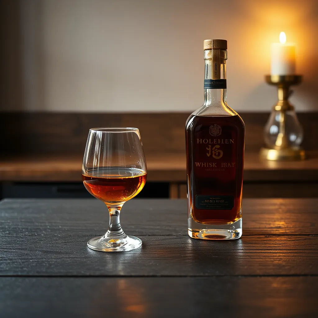 Amber whisky in a tulip glass beside a premium bottle on a dark oak bar with warm lighting