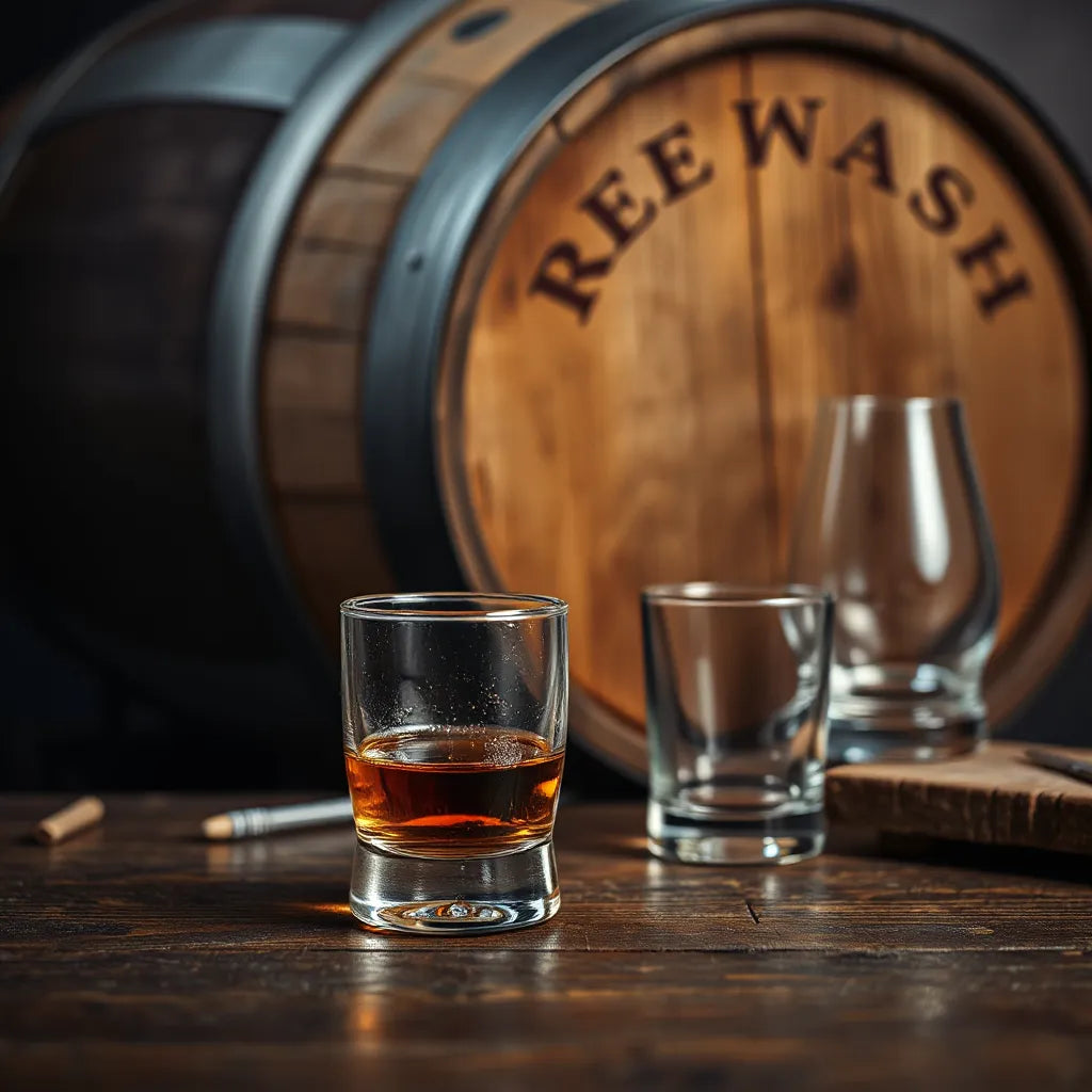 Dram glass of amber whisky beside an oak cask on a wooden table with warm, moody lighting