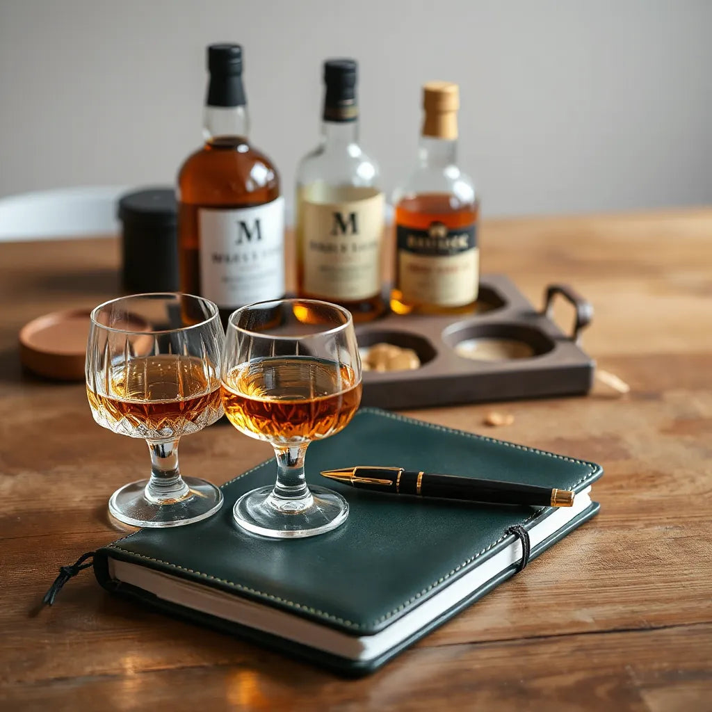 Amber whisky in crystal glasses with a tasting tray and sleek bottles in a softly lit wooden setting