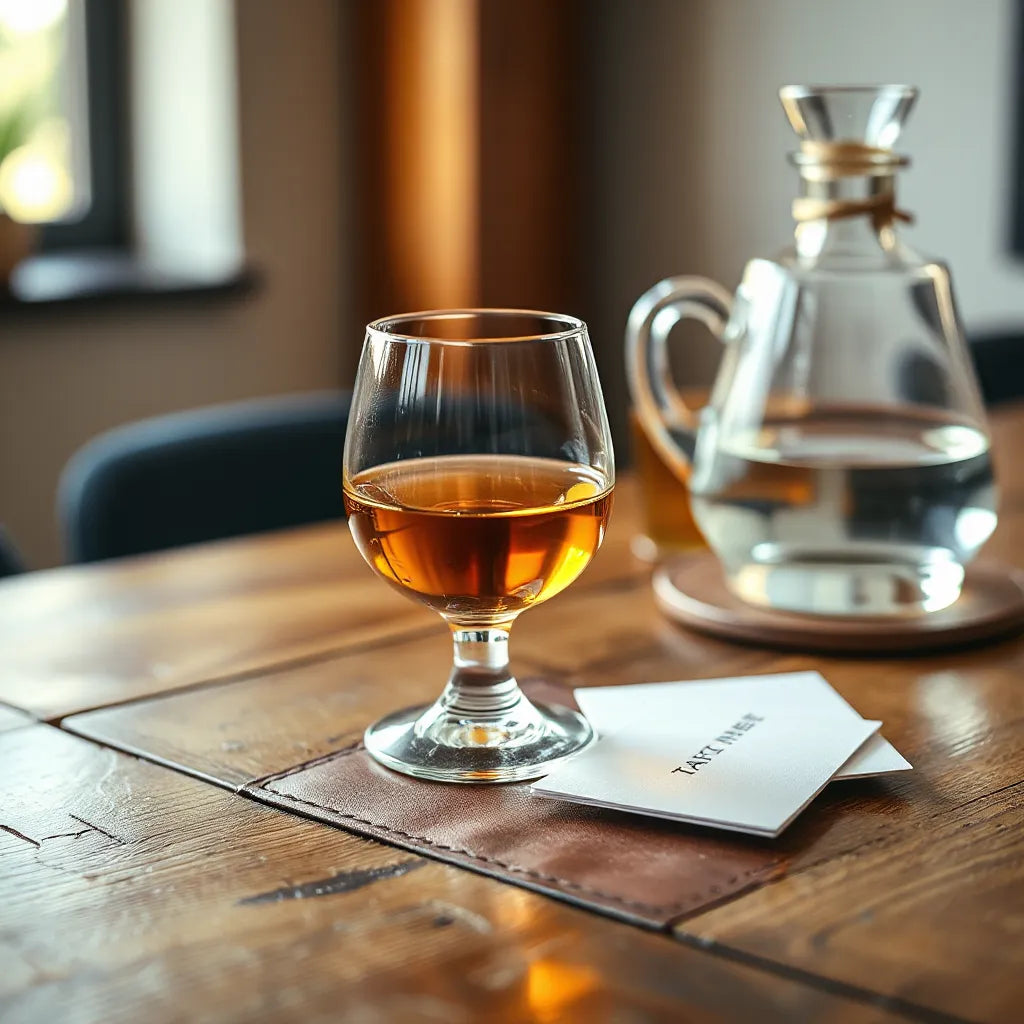 Golden whisky in a tasting glass with blank note cards on a wooden table