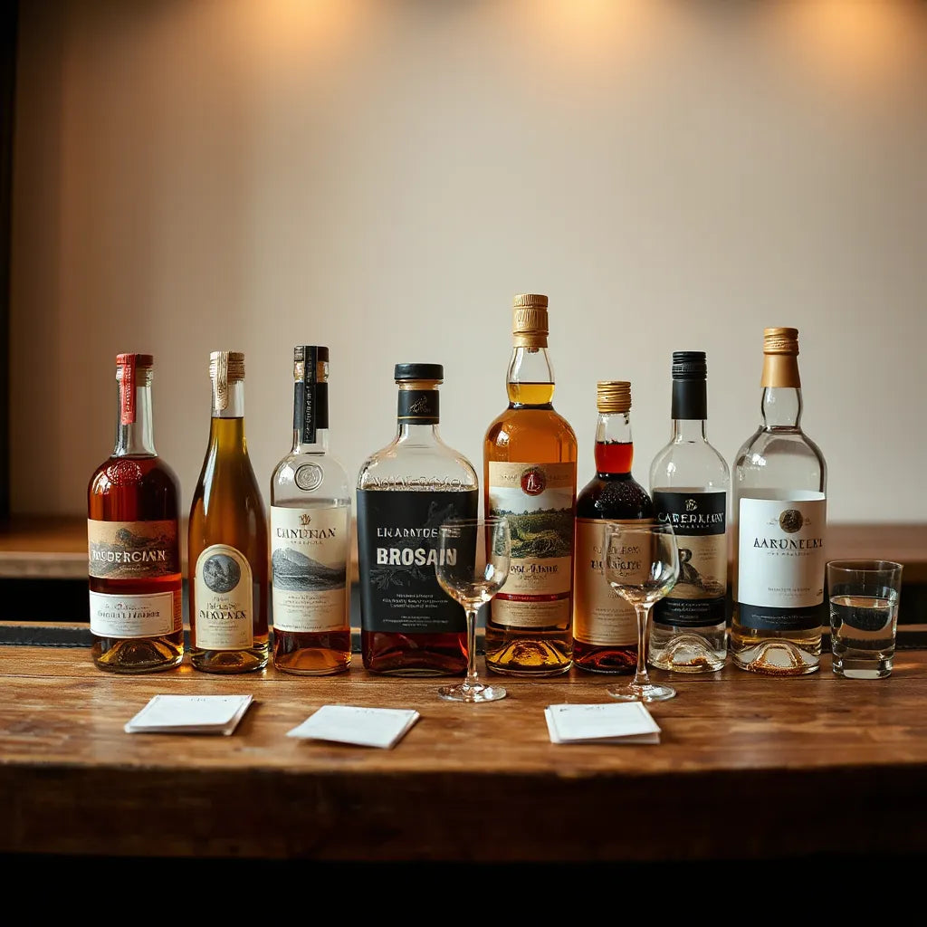 Premium spirit bottles and two tasting glasses arranged on a wooden surface with blank tasting cards