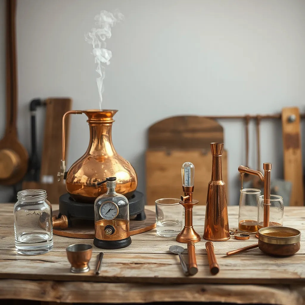 Copper pot still and distilling tools on a wooden bench in a small artisan distillery