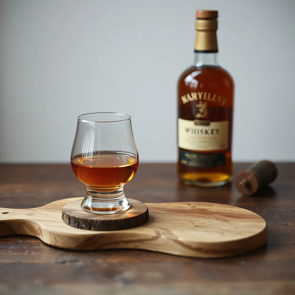 Amber dram in a glass beside a closed whisky bottle on a dark oak table