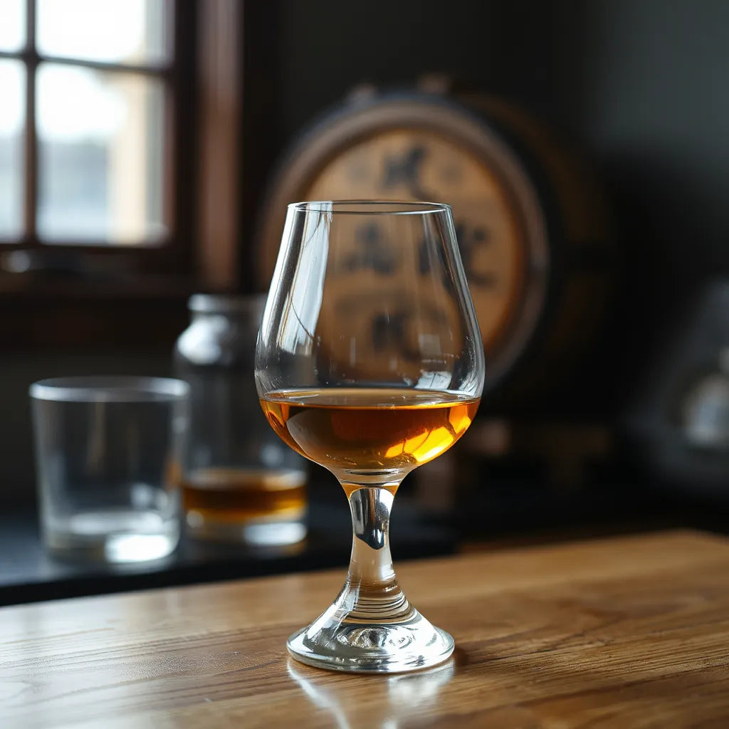 Amber Japanese whisky in a tasting glass with warm light on a wooden bar