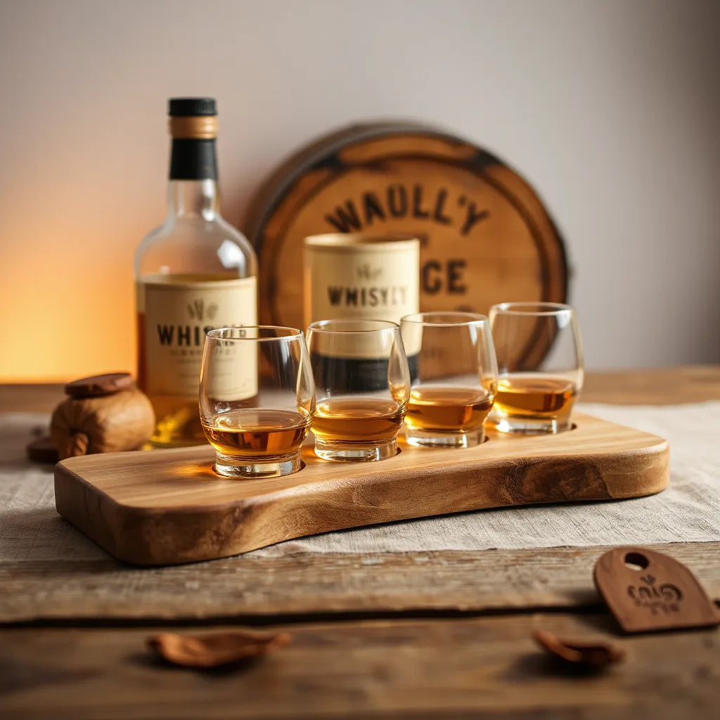 Three small whisky glasses on a wooden tasting board with warm amber lighting
