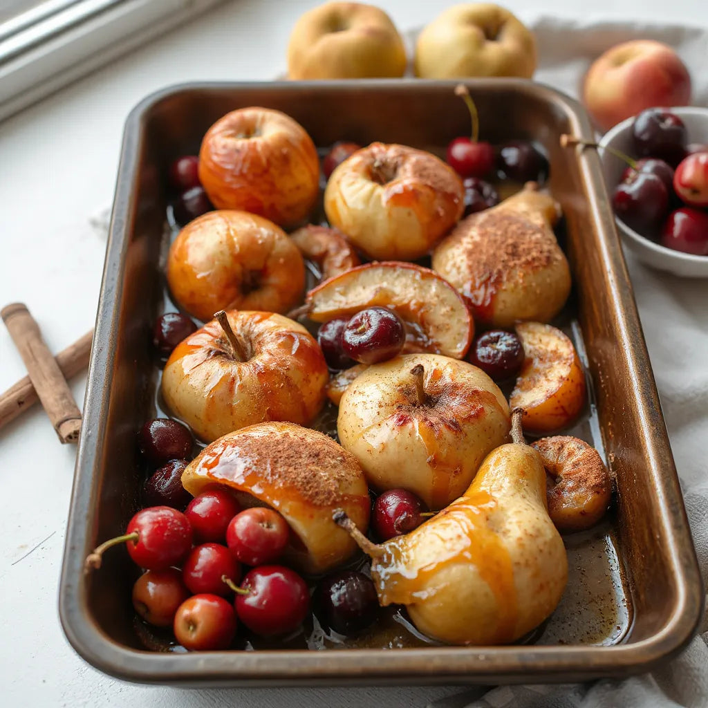 Baked apples and pears in a rustic tray with caramelised juices and cinnamon spice