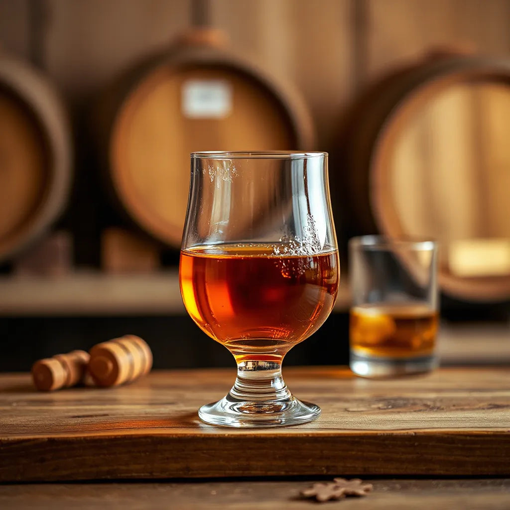 Amber whisky in a tulip glass with soft golden lighting on a wooden bar