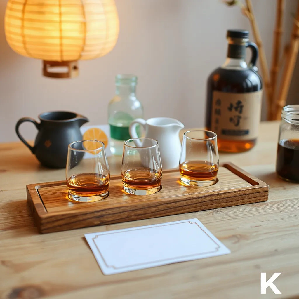 Wooden tray with three small glasses of amber Japanese whisky, warm lighting, and a tasting bottle in the background