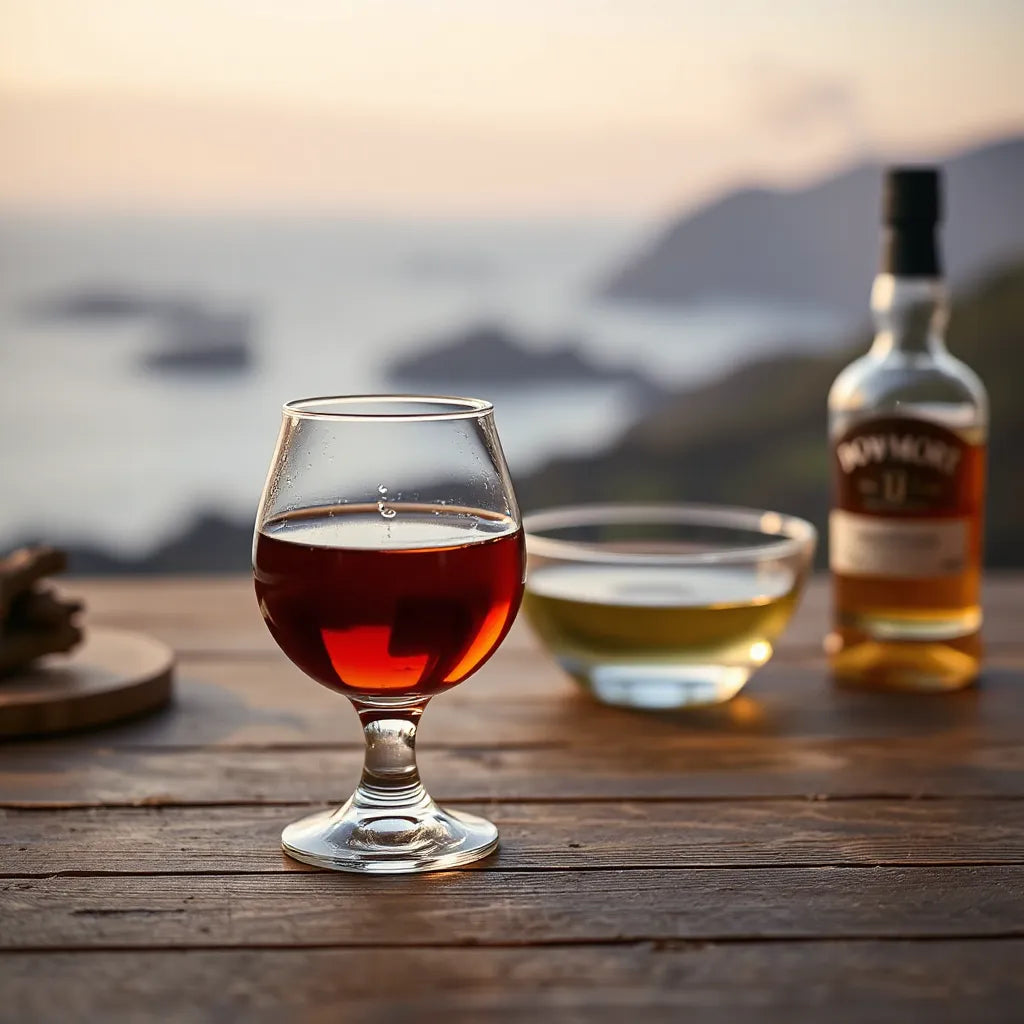 Amber Bowmore single malt in a whisky glass with warm lighting and a faint coastal backdrop