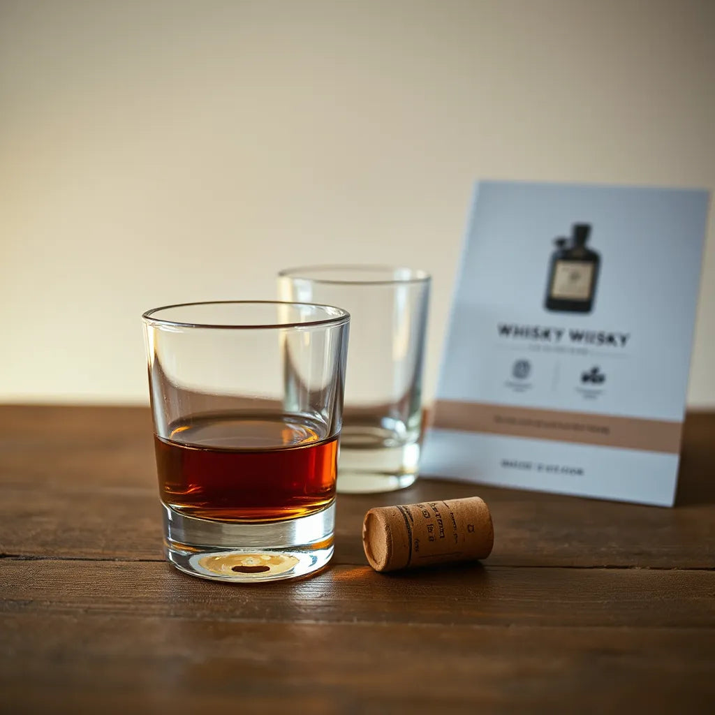 Amber whisky in a tumbler with a softly blurred whisky bottle in warm lighting