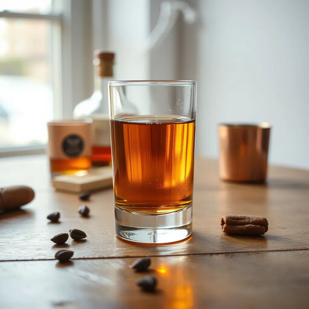 A glass of amber single malt scotch whisky on a wooden table with soft natural light and blurred bottle in background
