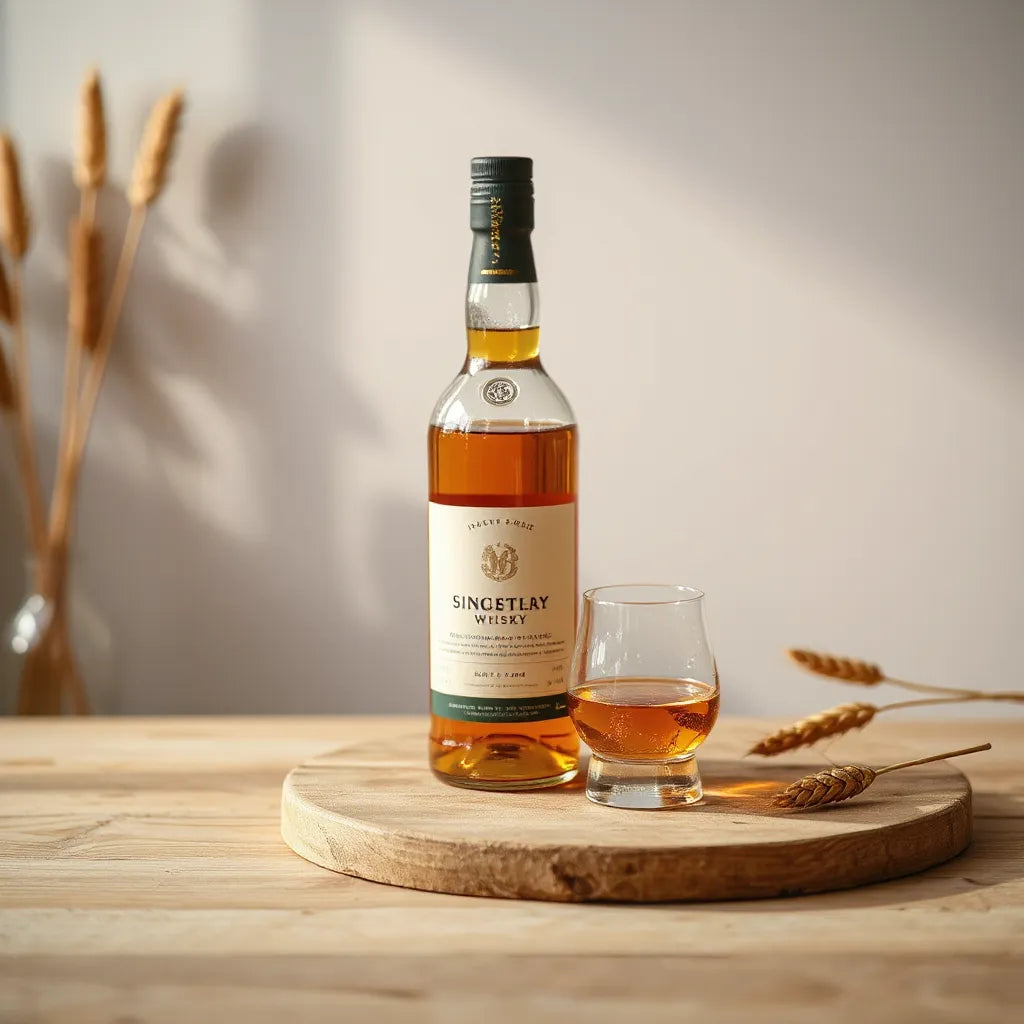 Bottle and glass of golden whisky on a light oak bar with soft barley background