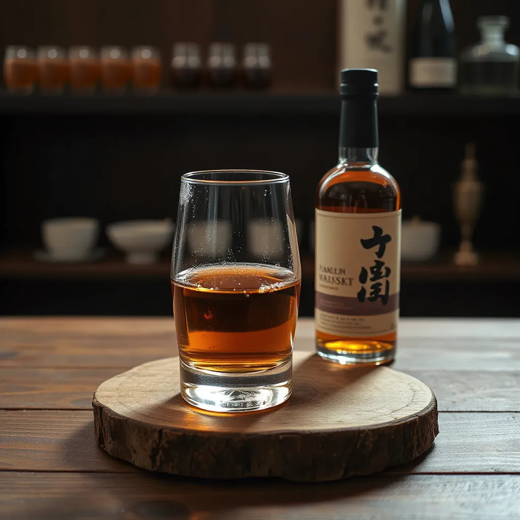 Amber Japanese whisky in a lowball glass beside a bottle on a dark wooden bar
