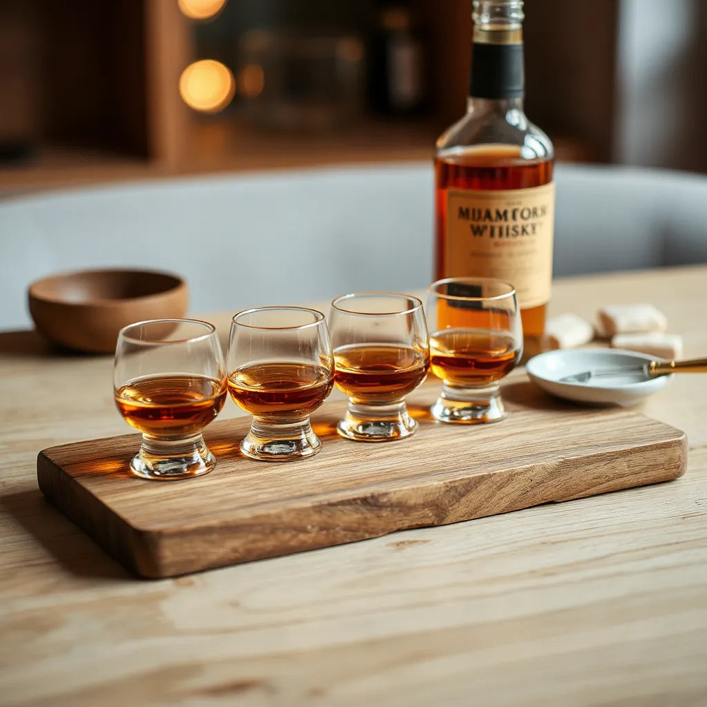 Amber whisky tasting glasses on a wooden board with a bottle blurred in the background
