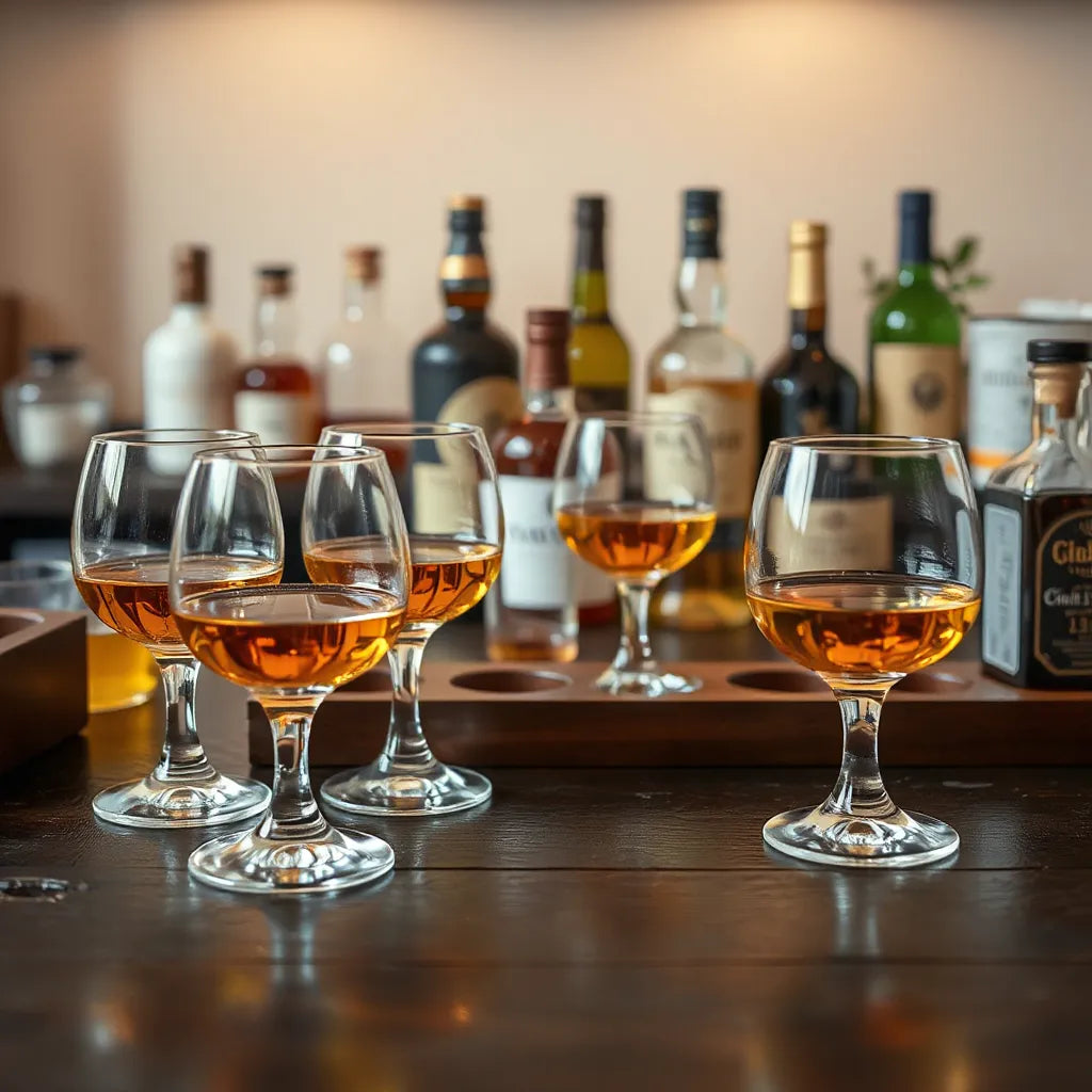 Amber whisky in elegant glasses on a wooden tasting tray with bottles softly blurred in the background
