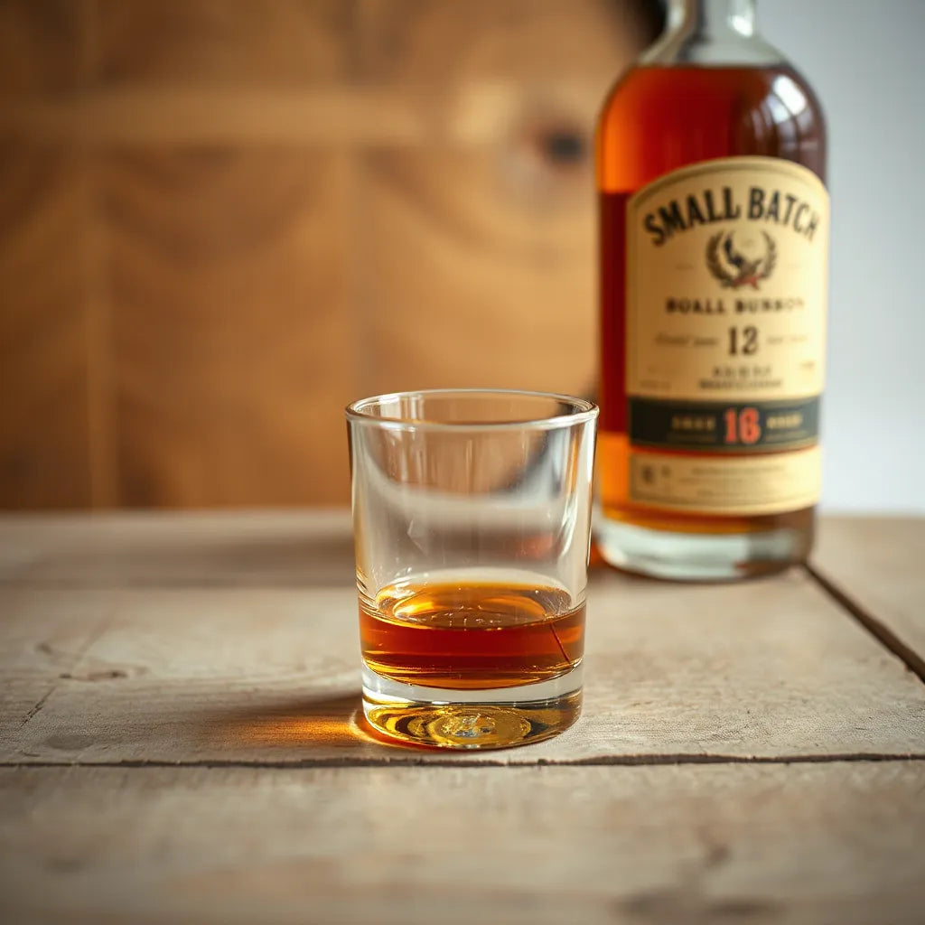 Small batch bourbon bottle and amber drink in a glass on a warm wooden tasting table