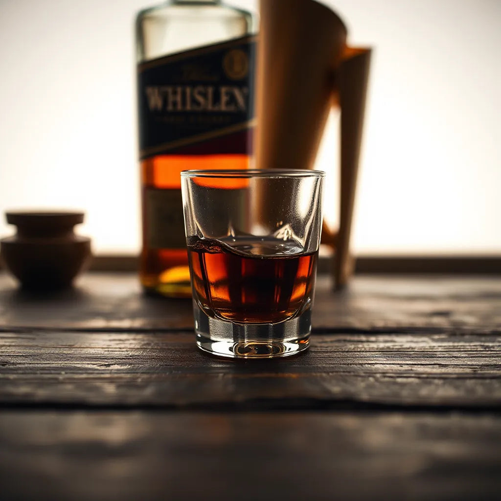 Amber whisky in a dram glass on a dark oak bar with a softly lit bottle in the background