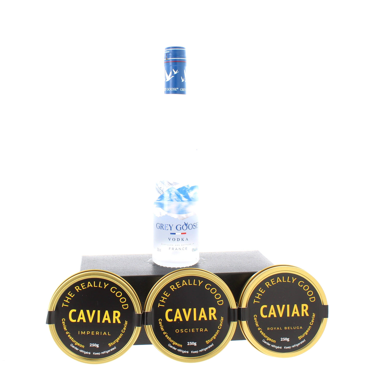 Luxury Caviar Gift Set – 3 × 250g Caviar with Complimentary Grey Goose Vodka 35cl