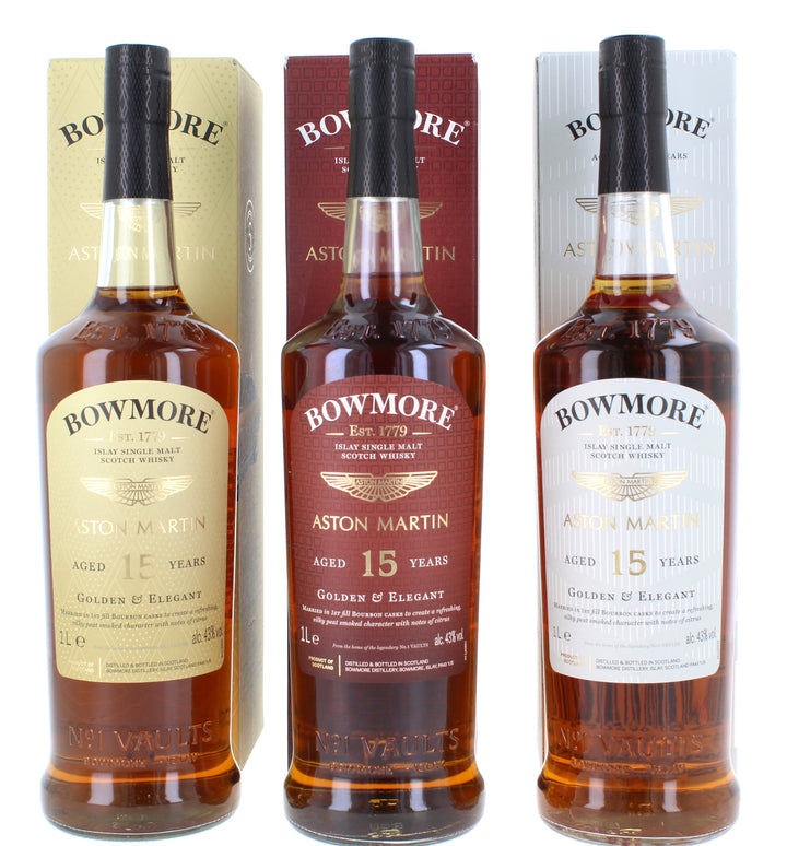 Three Bowmore 15 Year Old Aston Martin Series  (Edition  2, 5 & 8) 3*1 Litre