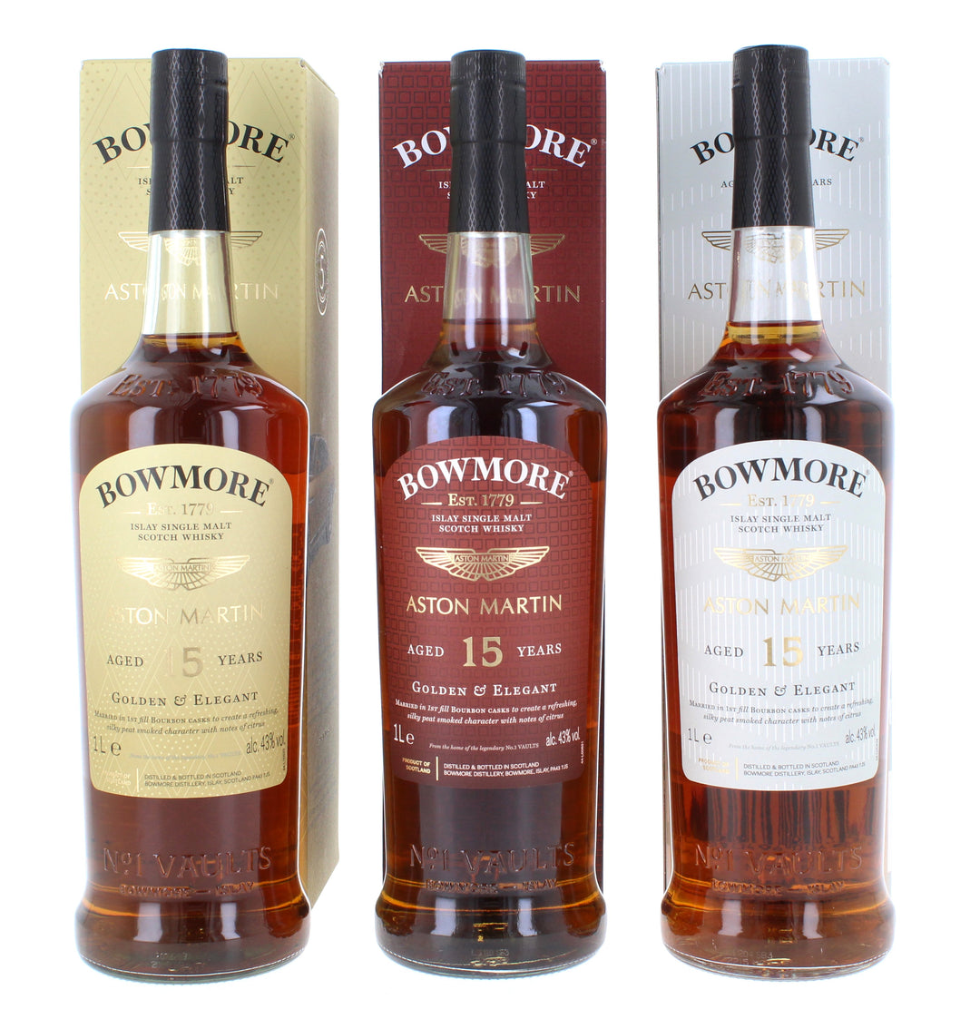 Three Bowmore 15 Year Old Aston Martin Series  (Edition  2, 5 & 8) 3*1 Litre