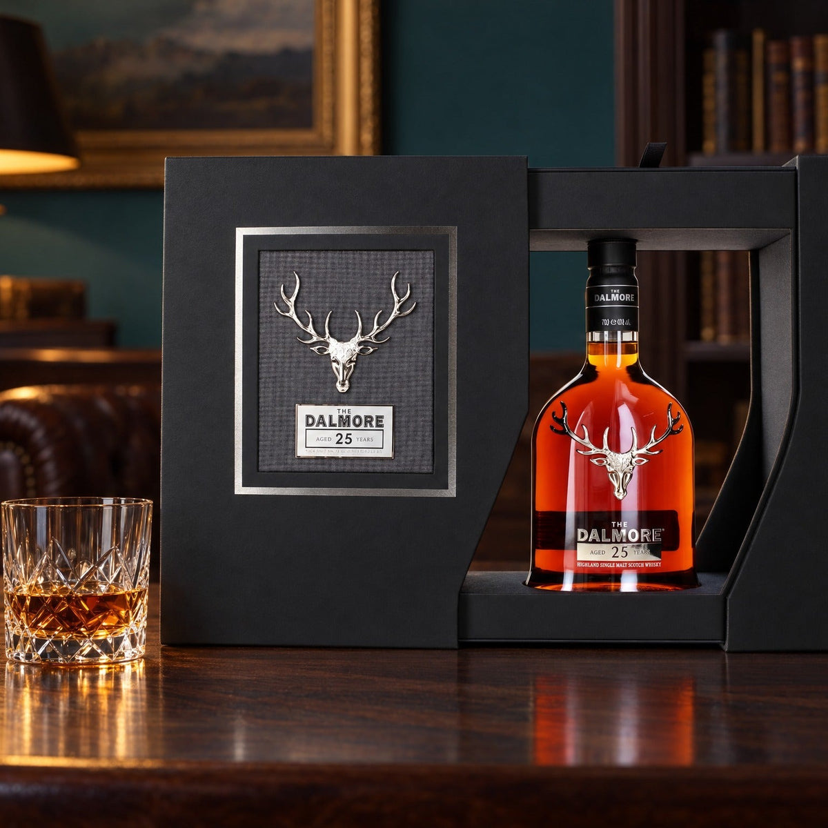 The Dalmore 25 Year Old in its presentation case on a walnut table