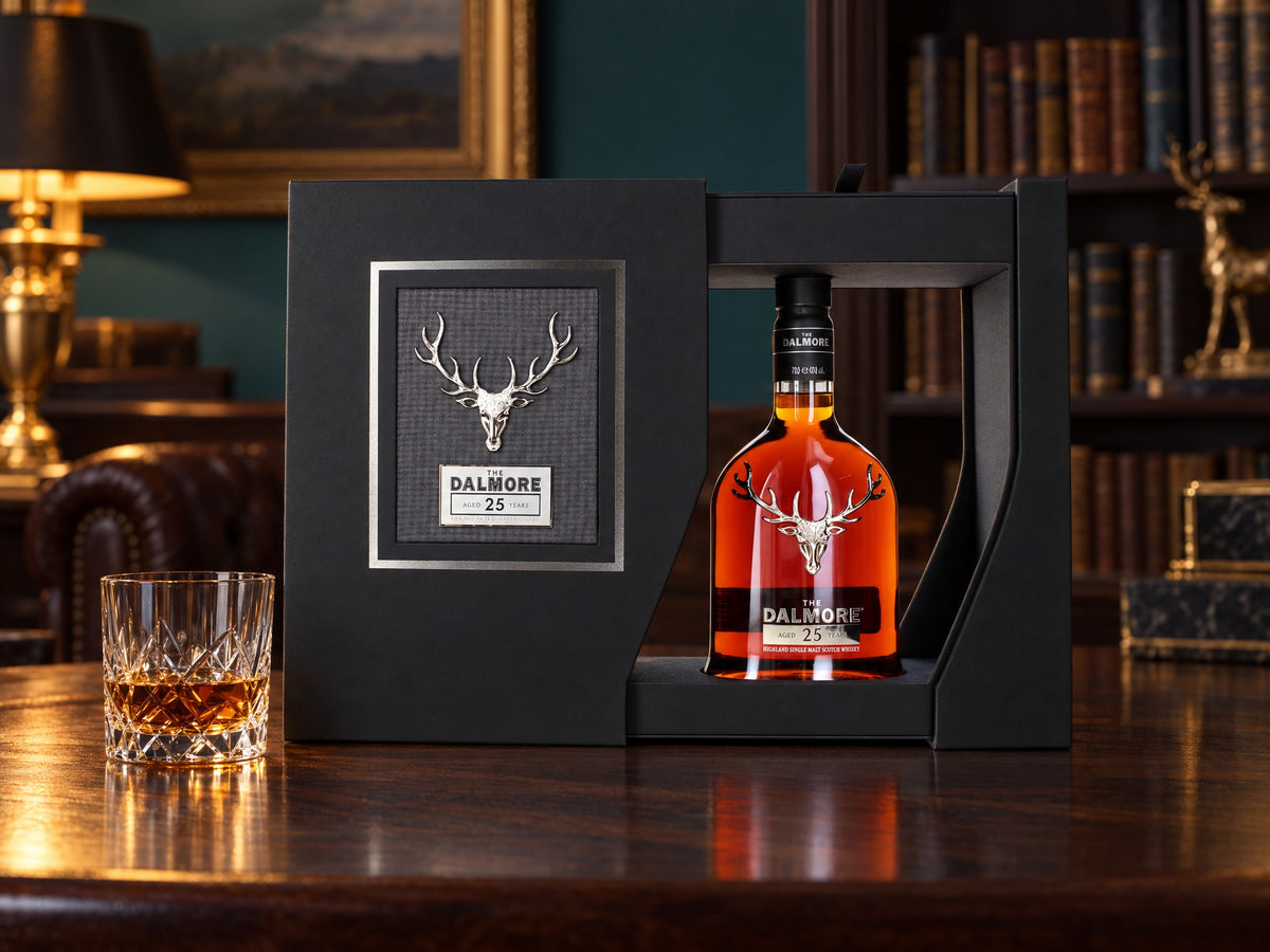The Dalmore 25 Year Old in its presentation case on a walnut table