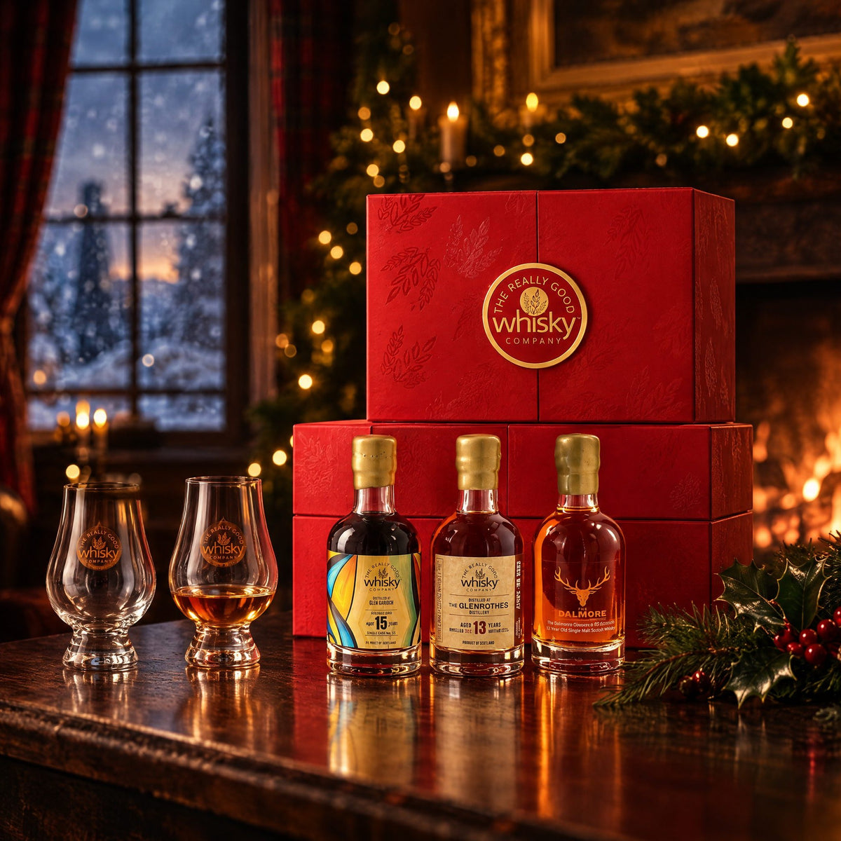 The Festive Sherry Vault by the fire on Christmas evening, with three bottles and two tasting glasses
