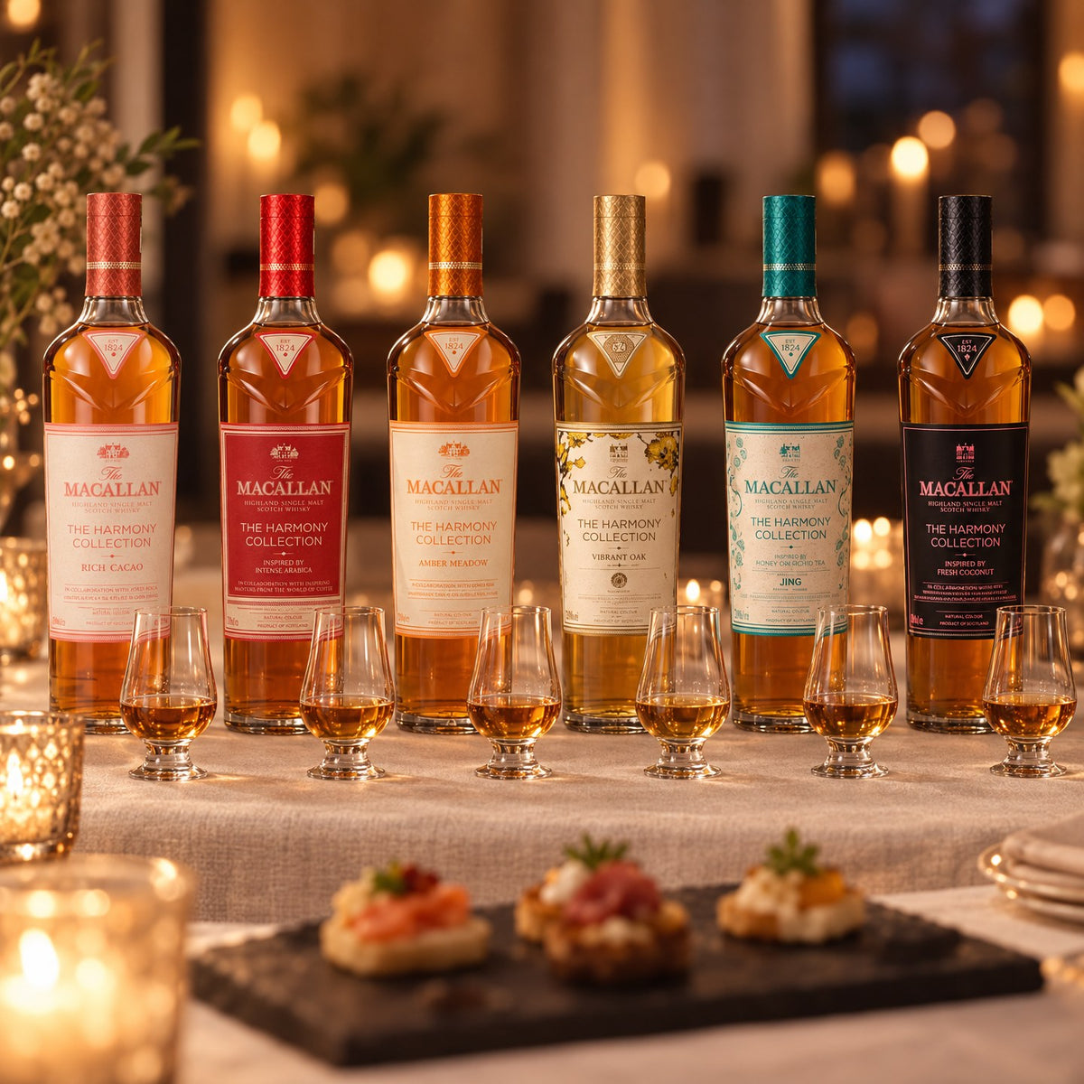 The six Macallan Harmony Collection bottles side by side, each with a nosing glass, on a candlelit tasting table