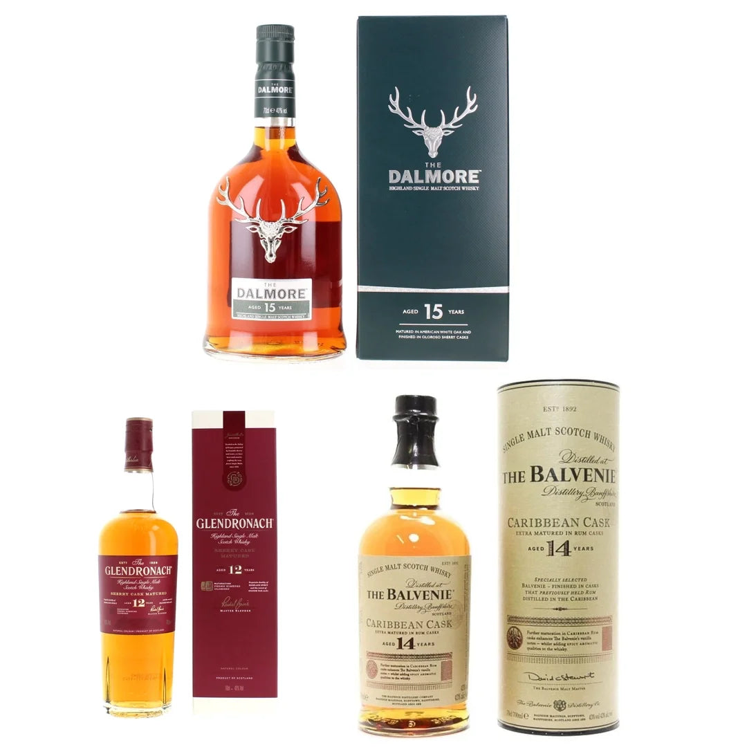 Dalmore 15, Glendronach 12, Balvenie 14