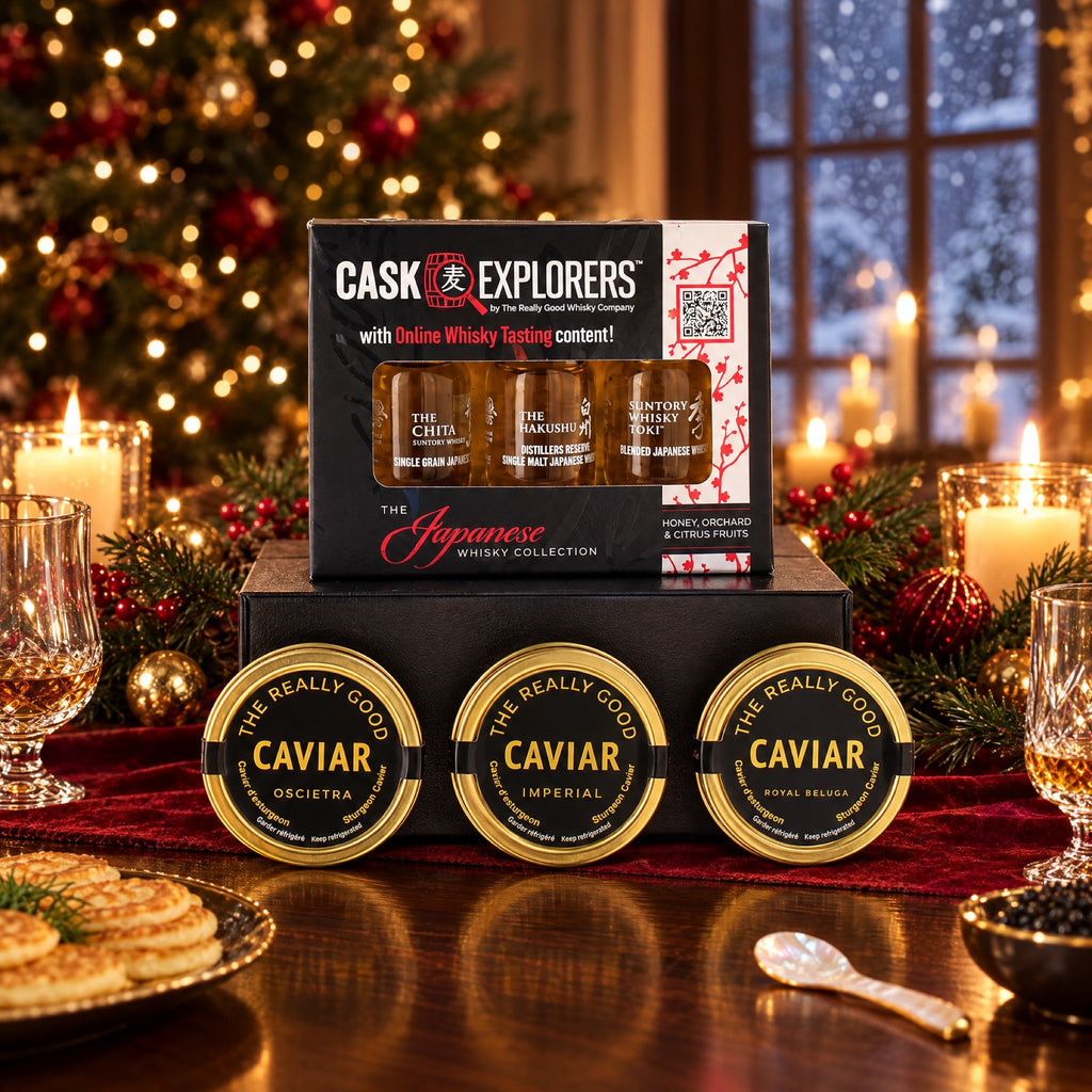 Japanese Whisky & Caviar Tasting Collection on a Christmas table