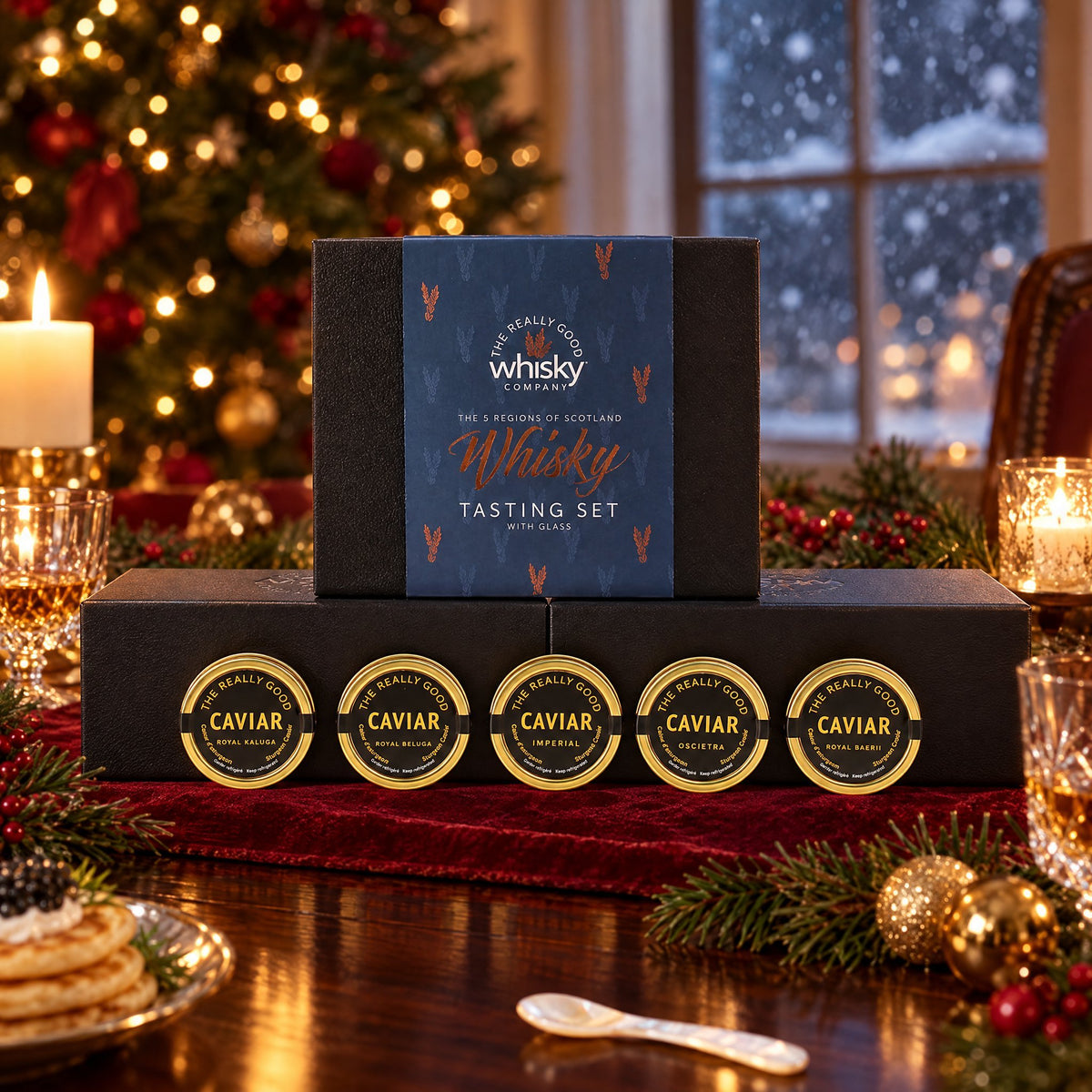 Scotch Whisky & Caviar Gift Set on a Christmas table