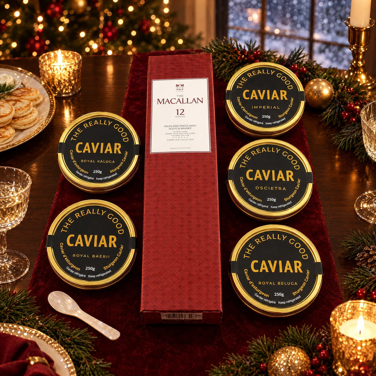 Luxury Caviar & Macallan Gift Set on a Christmas table