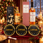 Luxury Caviar, Yamazaki & Macallan Gift Set on a Christmas table