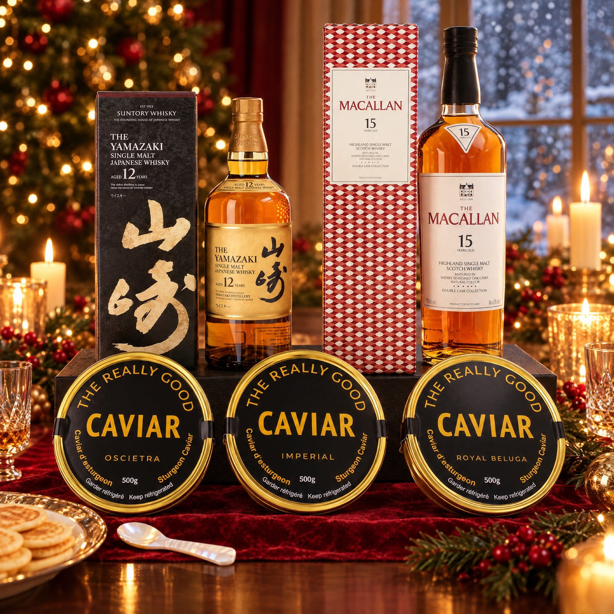 Luxury Caviar, Yamazaki & Macallan Gift Set on a Christmas table