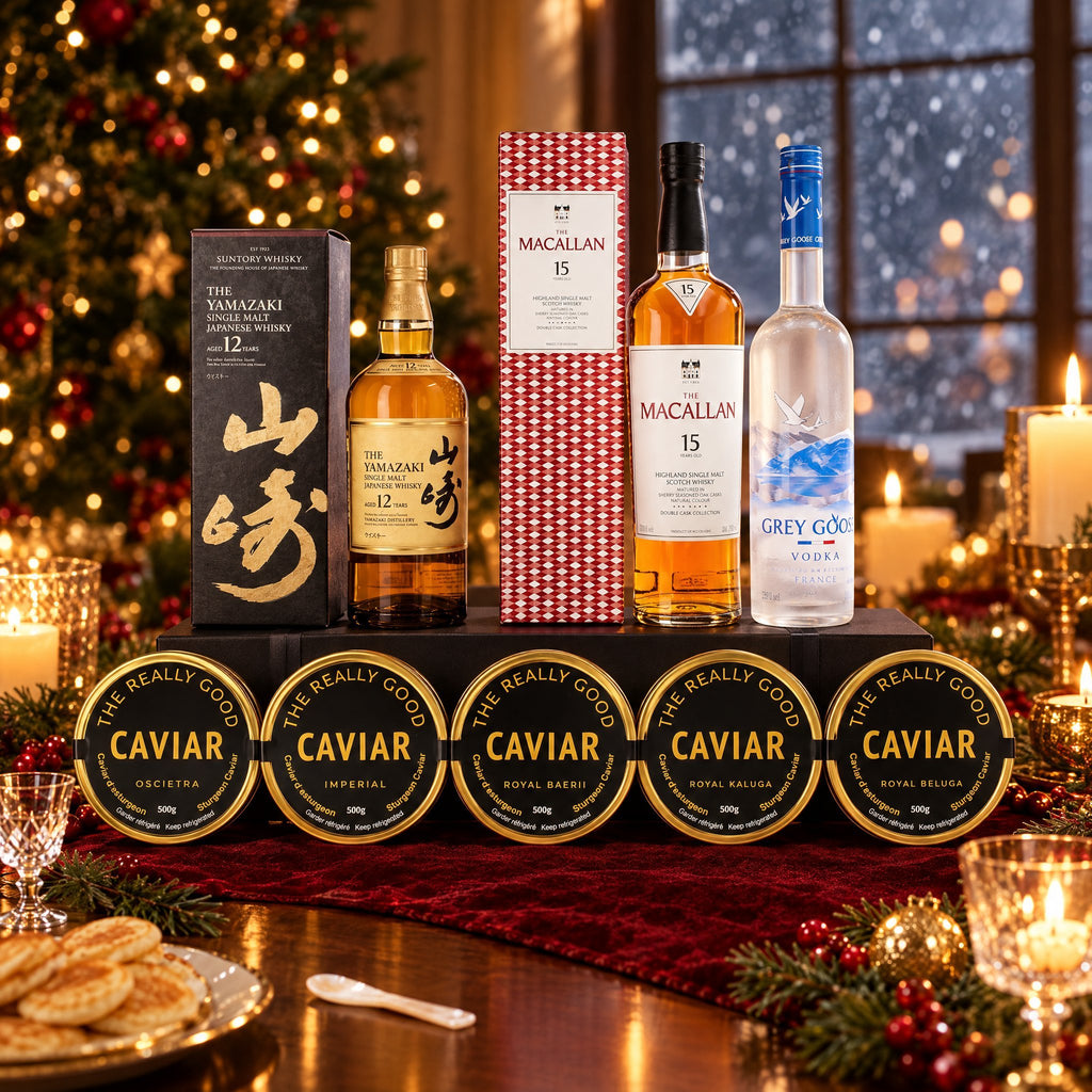 Luxury Caviar Premium Vodka, Scotch Whisky and Japanese Single Malt Set on a Christmas table